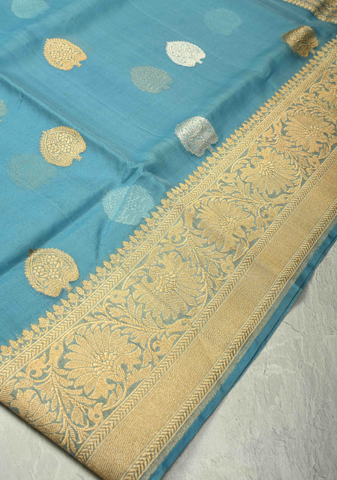 Sky Blue Banarasi Kora Silk Saree with Gold Silver Zari Buttas and Zari Border | SILK MARK CERTIFIED