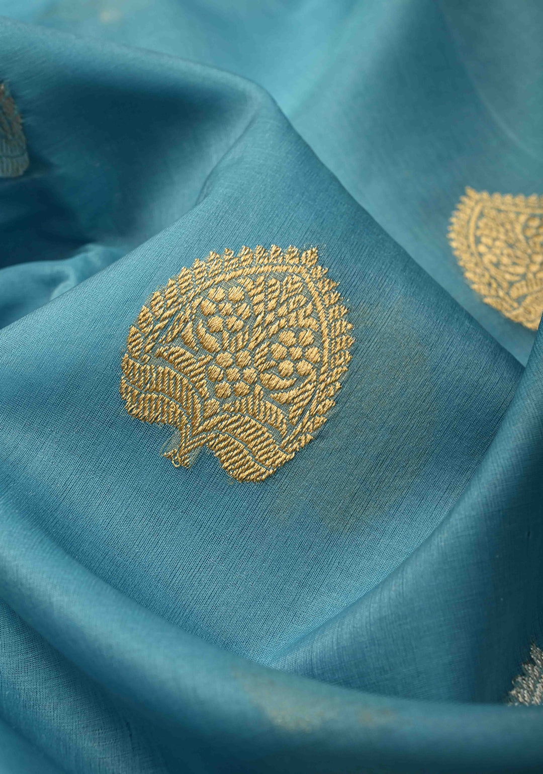 Sky Blue Banarasi Kora Silk Saree with Gold Silver Zari Buttas and Zari Border | SILK MARK CERTIFIED