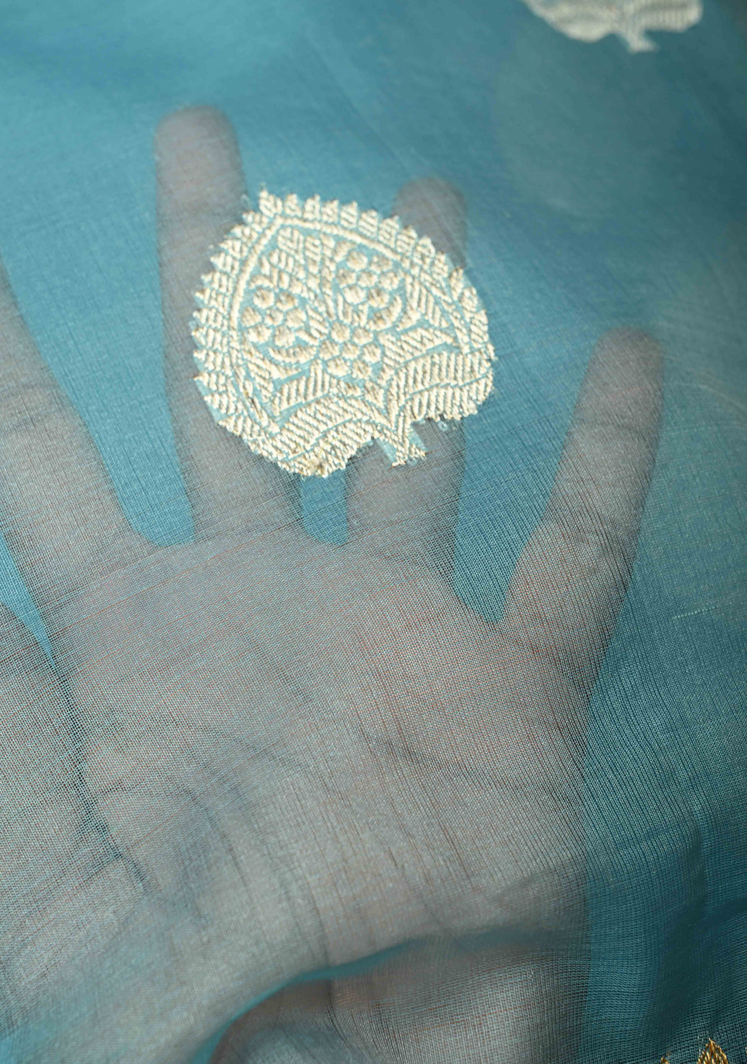 Sky Blue Banarasi Kora Silk Saree with Gold Silver Zari Buttas and Zari Border | SILK MARK CERTIFIED