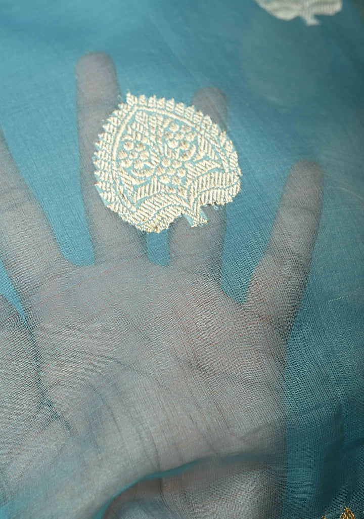 Sky Blue Banarasi Kora Silk Saree with Gold Silver Zari Buttas and Zari Border | SILK MARK CERTIFIED