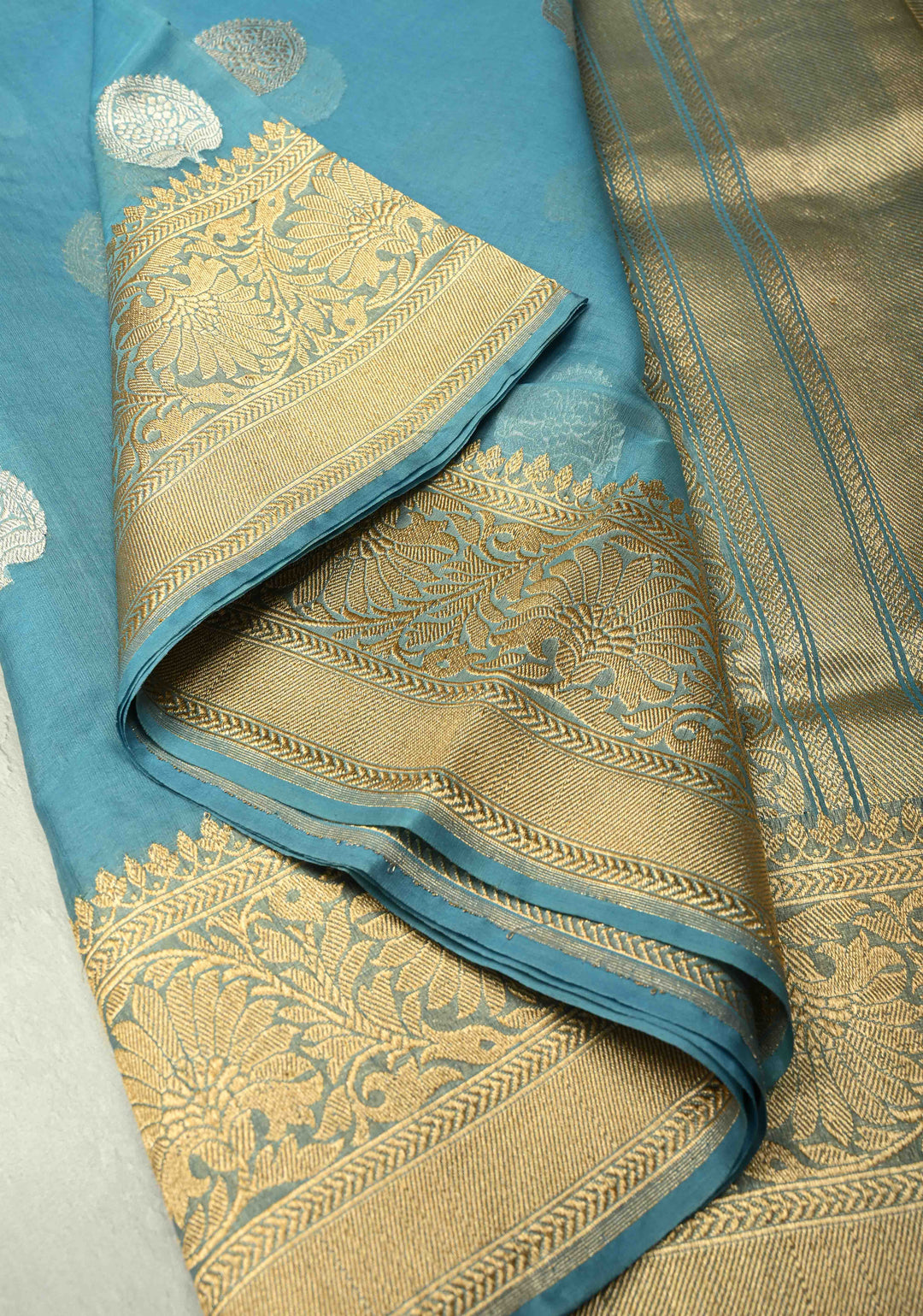 Sky Blue Banarasi Kora Silk Saree with Gold Silver Zari Buttas and Zari Border | SILK MARK CERTIFIED