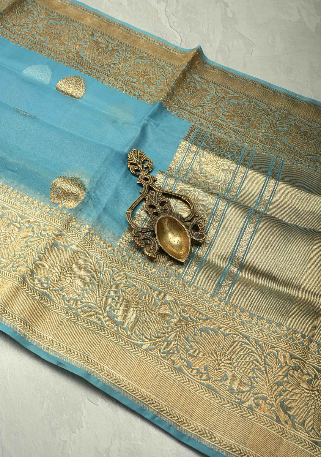 Sky Blue Banarasi Kora Silk Saree with Gold Silver Zari Buttas and Zari Border | SILK MARK CERTIFIED