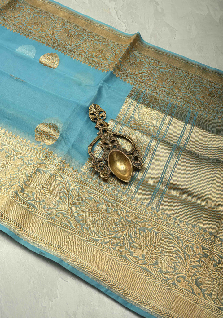 Sky Blue Banarasi Kora Silk Saree with Gold Silver Zari Buttas and Zari Border | SILK MARK CERTIFIED