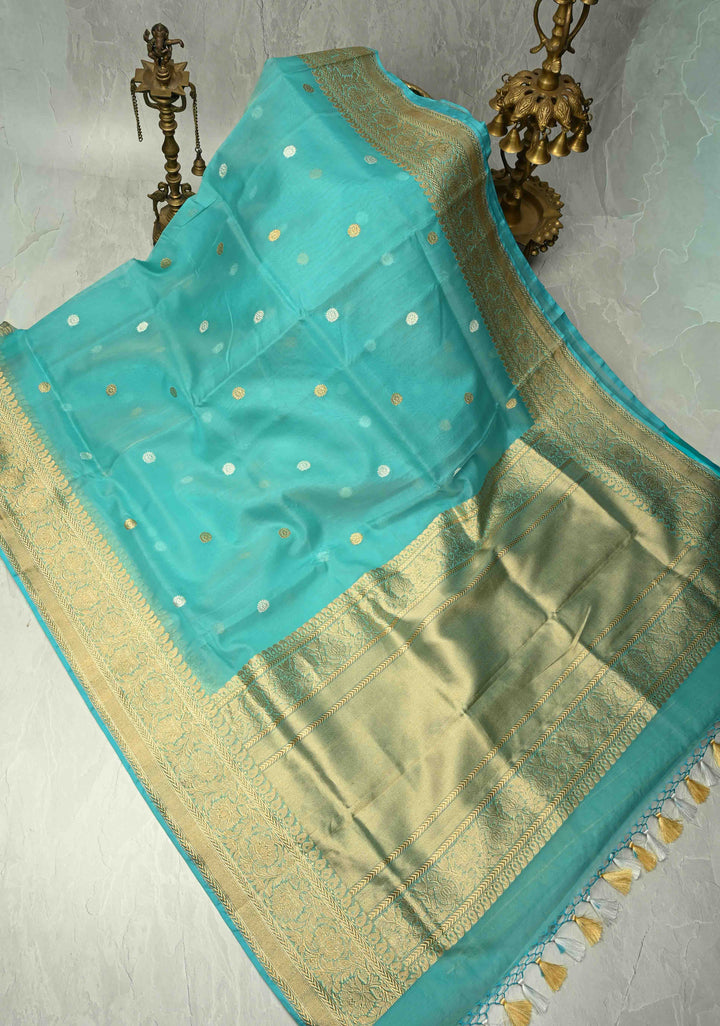 Turquoise Exquisite Banarasi Kora Silk Saree with Gold Silver Zari Buttas and Zari Border | SILK MARK CERTIFIED