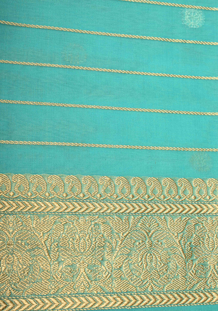 Turquoise Exquisite Banarasi Kora Silk Saree with Gold Silver Zari Buttas and Zari Border | SILK MARK CERTIFIED