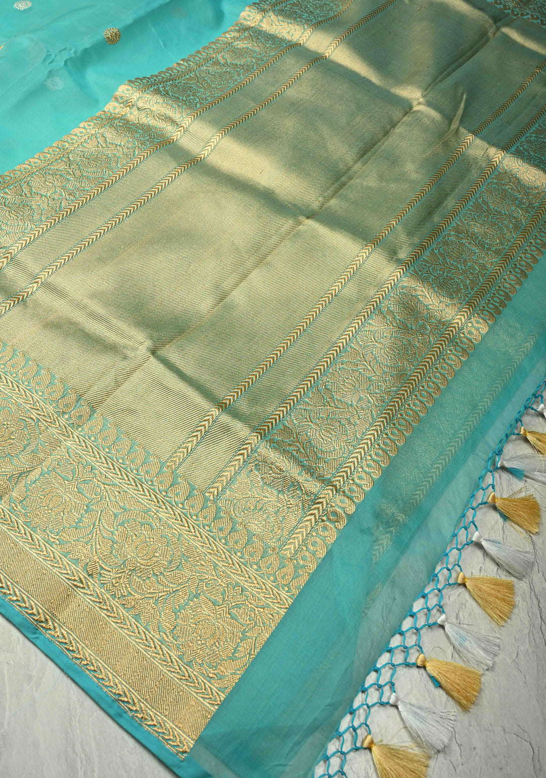 Turquoise Exquisite Banarasi Kora Silk Saree with Gold Silver Zari Buttas and Zari Border | SILK MARK CERTIFIED