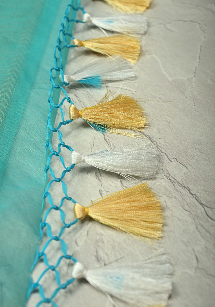 Turquoise Exquisite Banarasi Kora Silk Saree with Gold Silver Zari Buttas and Zari Border | SILK MARK CERTIFIED