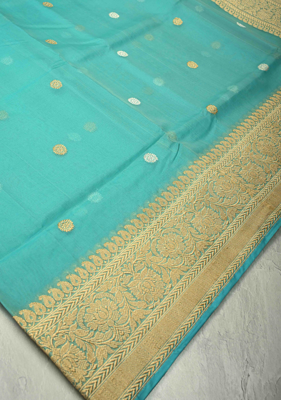 Turquoise Exquisite Banarasi Kora Silk Saree with Gold Silver Zari Buttas and Zari Border | SILK MARK CERTIFIED