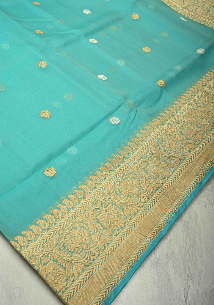 Turquoise Exquisite Banarasi Kora Silk Saree with Gold Silver Zari Buttas and Zari Border | SILK MARK CERTIFIED