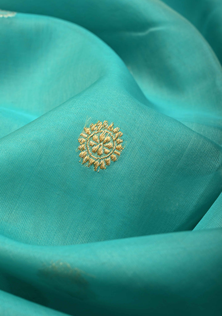 Turquoise Exquisite Banarasi Kora Silk Saree with Gold Silver Zari Buttas and Zari Border | SILK MARK CERTIFIED