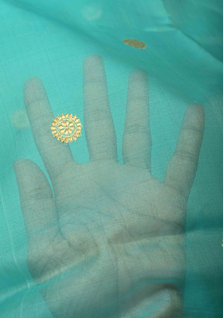 Turquoise Exquisite Banarasi Kora Silk Saree with Gold Silver Zari Buttas and Zari Border | SILK MARK CERTIFIED