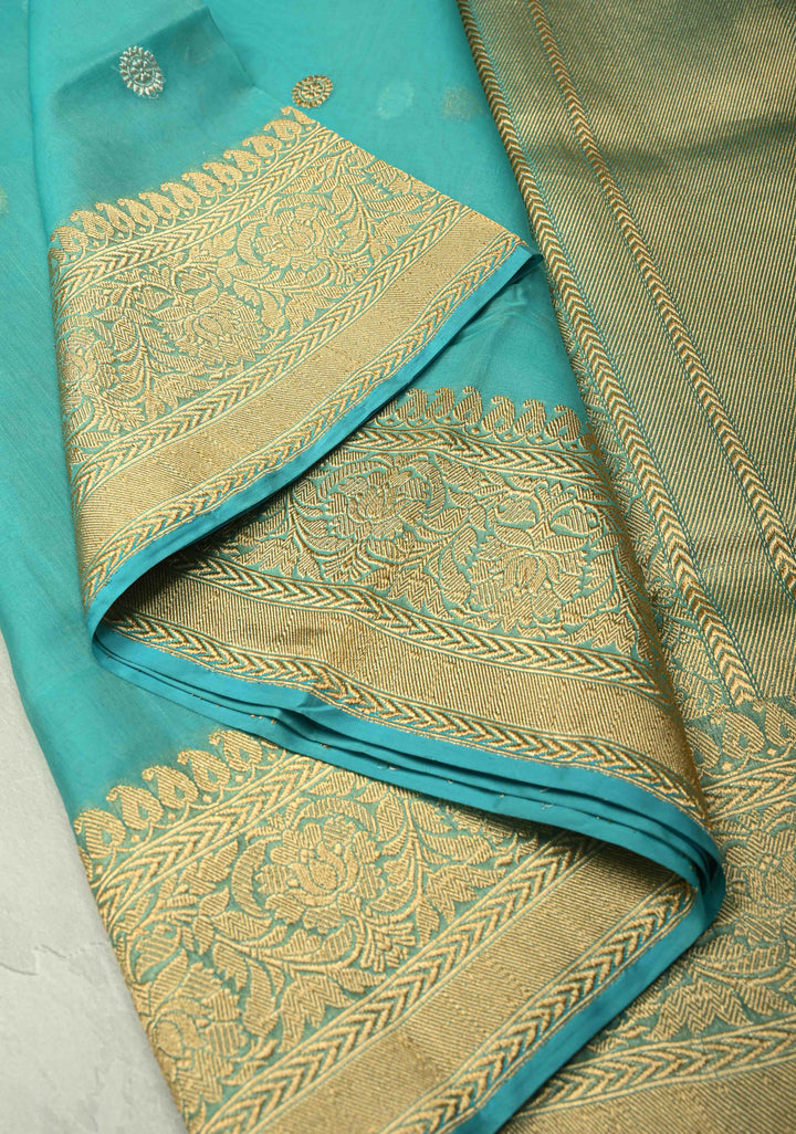 Turquoise Exquisite Banarasi Kora Silk Saree with Gold Silver Zari Buttas and Zari Border | SILK MARK CERTIFIED