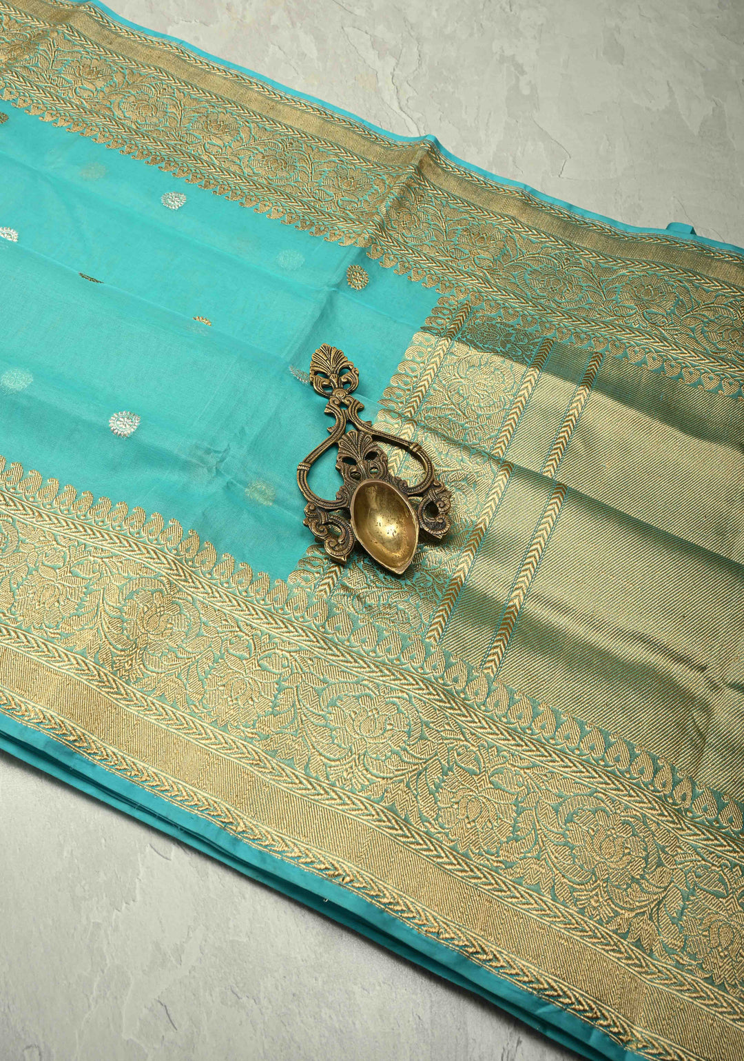 Turquoise Exquisite Banarasi Kora Silk Saree with Gold Silver Zari Buttas and Zari Border | SILK MARK CERTIFIED