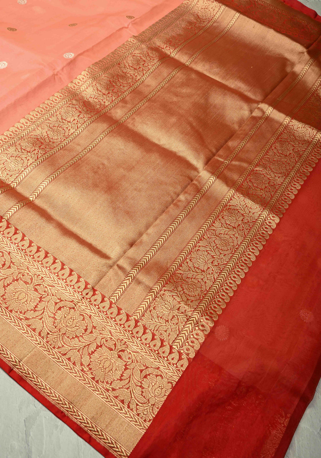 Coral Pink Banarasi Kora Silk Saree with Sona Rupa Buttas and Zari Border | SILK MARK CERTIFIED