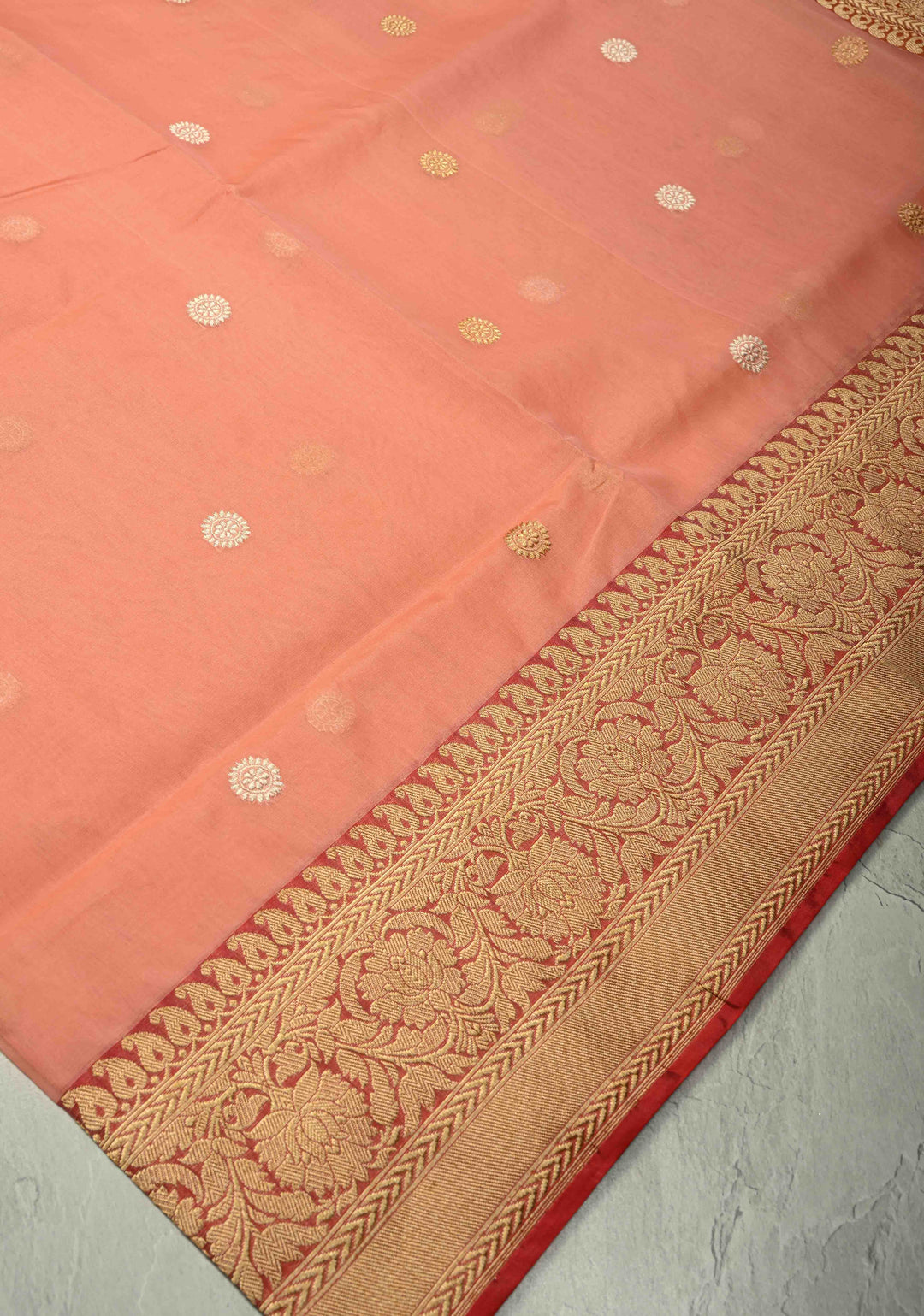 Coral Pink Banarasi Kora Silk Saree with Sona Rupa Buttas and Zari Border | SILK MARK CERTIFIED