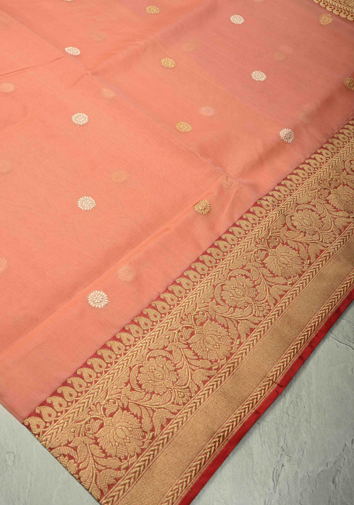 Coral Pink Banarasi Kora Silk Saree with Sona Rupa Buttas and Zari Border | SILK MARK CERTIFIED