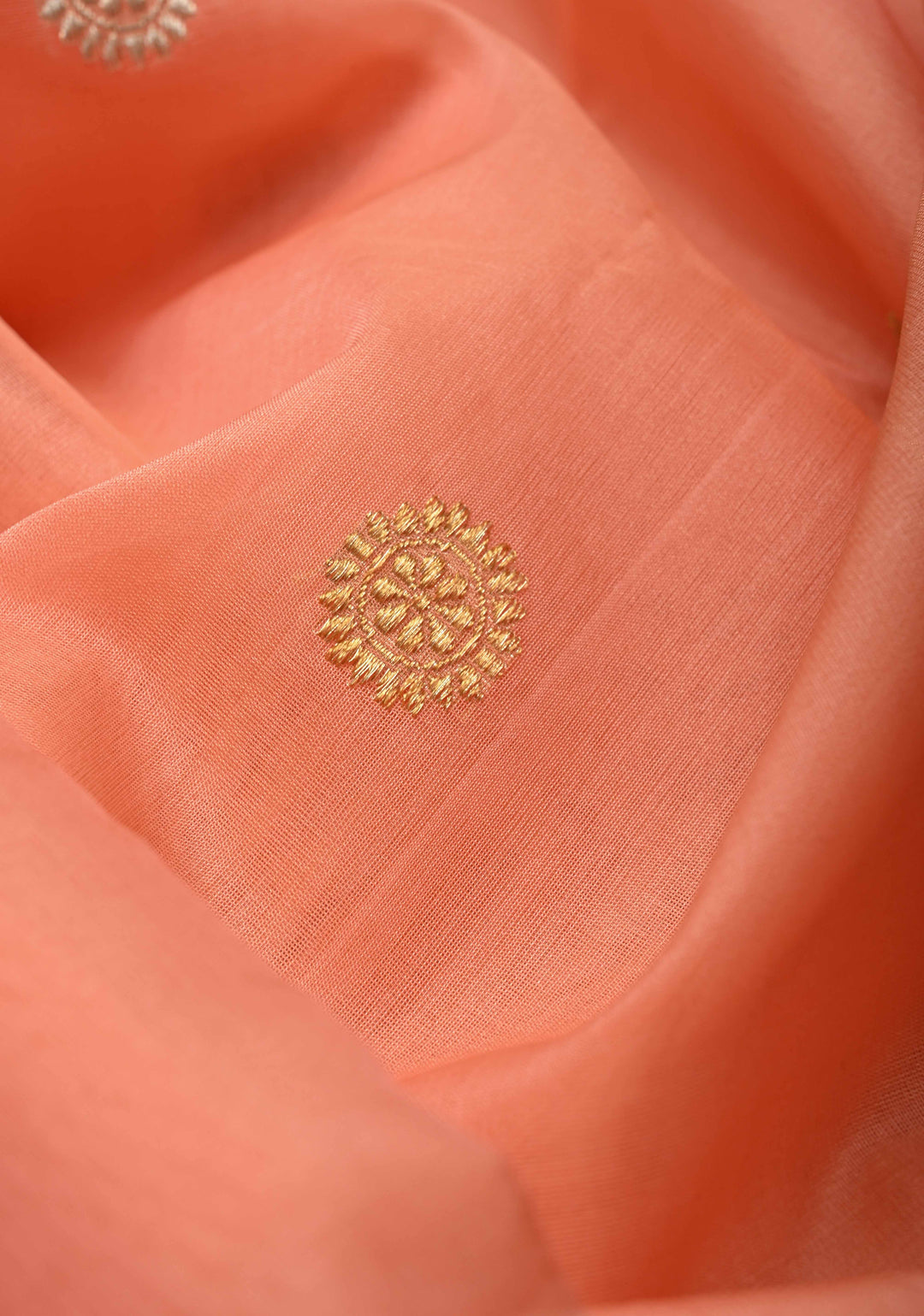 Coral Pink Banarasi Kora Silk Saree with Sona Rupa Buttas and Zari Border | SILK MARK CERTIFIED