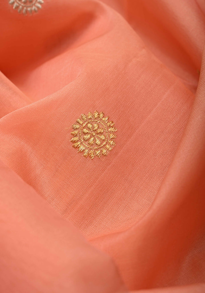 Coral Pink Banarasi Kora Silk Saree with Sona Rupa Buttas and Zari Border | SILK MARK CERTIFIED