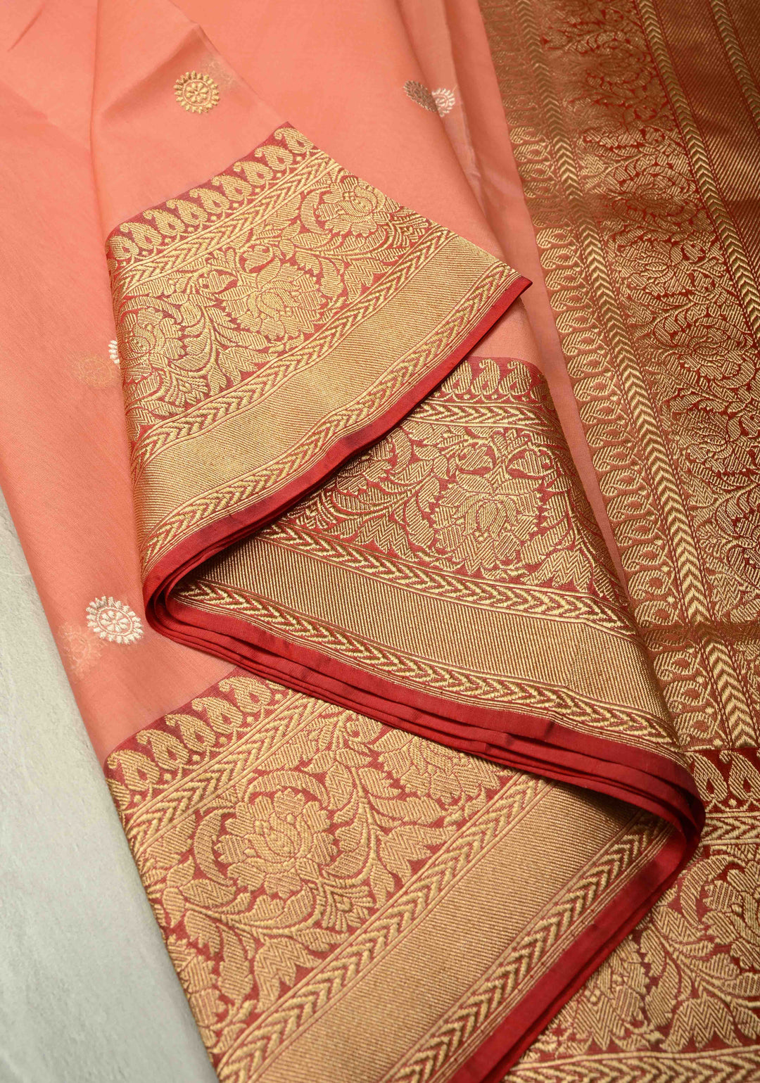 Coral Pink Banarasi Kora Silk Saree with Sona Rupa Buttas and Zari Border | SILK MARK CERTIFIED