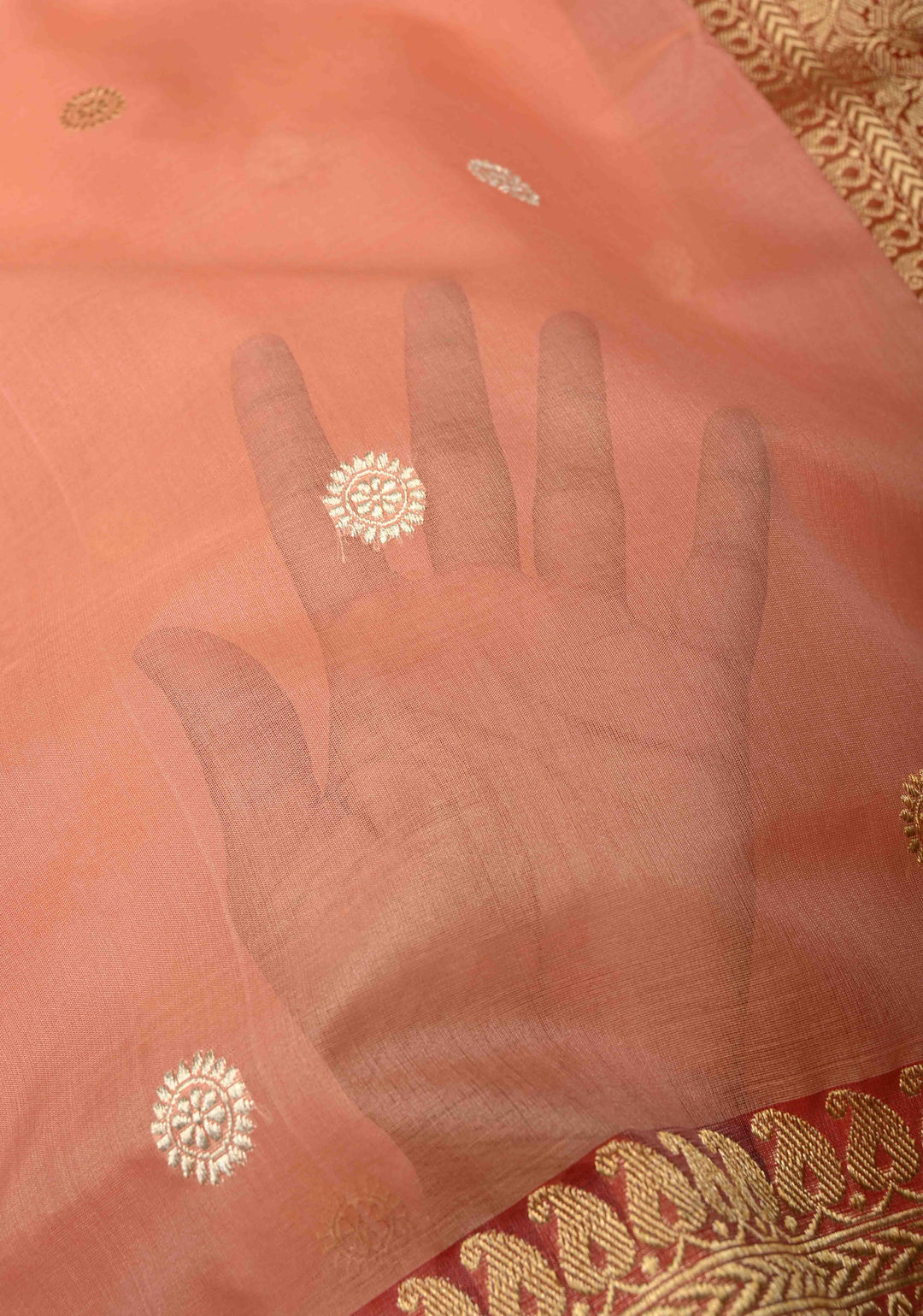 Coral Pink Banarasi Kora Silk Saree with Sona Rupa Buttas and Zari Border | SILK MARK CERTIFIED