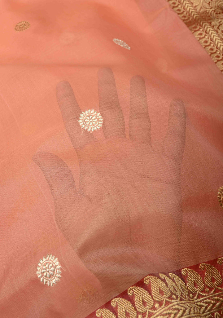 Coral Pink Banarasi Kora Silk Saree with Sona Rupa Buttas and Zari Border | SILK MARK CERTIFIED