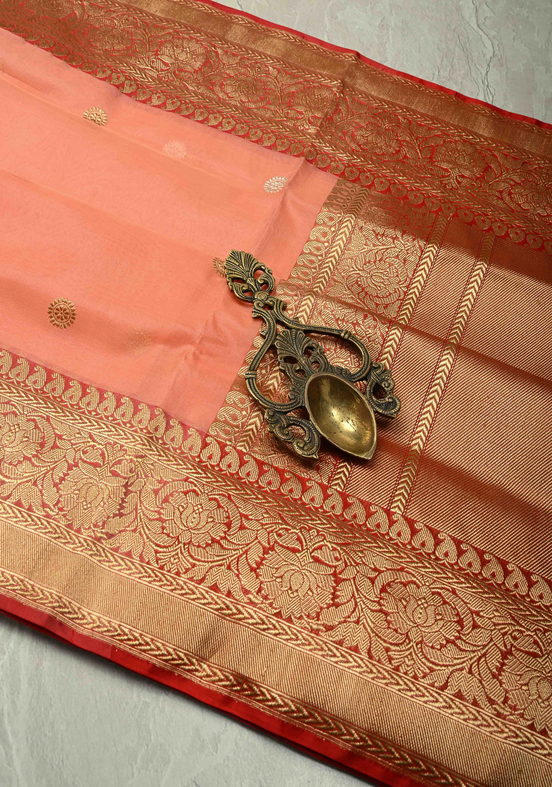 Coral Pink Banarasi Kora Silk Saree with Sona Rupa Buttas and Zari Border | SILK MARK CERTIFIED