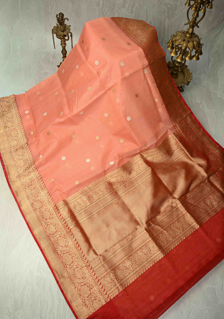 Coral Pink Banarasi Kora Silk Saree with Sona Rupa Buttas and Zari Border | SILK MARK CERTIFIED