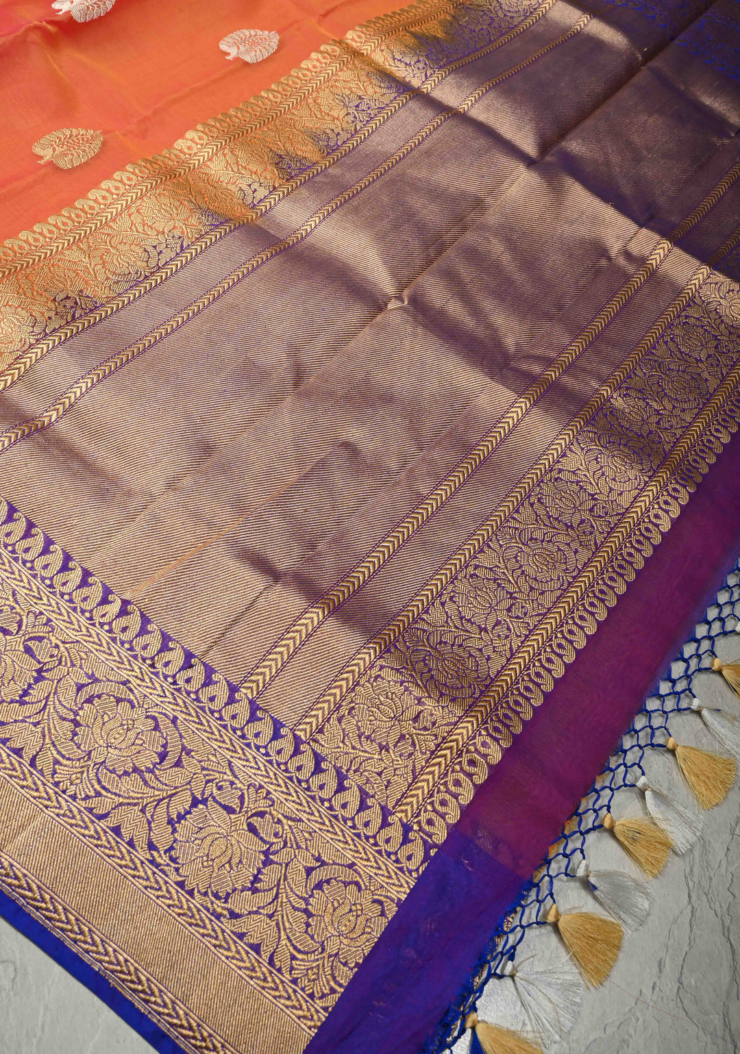 Kesari Orange Dual tone Banarasi Kora Silk Saree with Sona Rupa Buttas and Contrast Zari Border | SILK MARK CERTIFIED