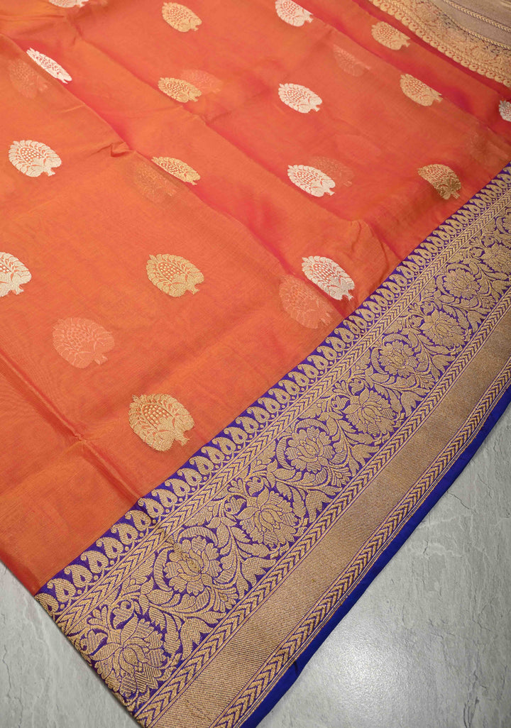 Kesari Orange Dual tone Banarasi Kora Silk Saree with Sona Rupa Buttas and Contrast Zari Border | SILK MARK CERTIFIED