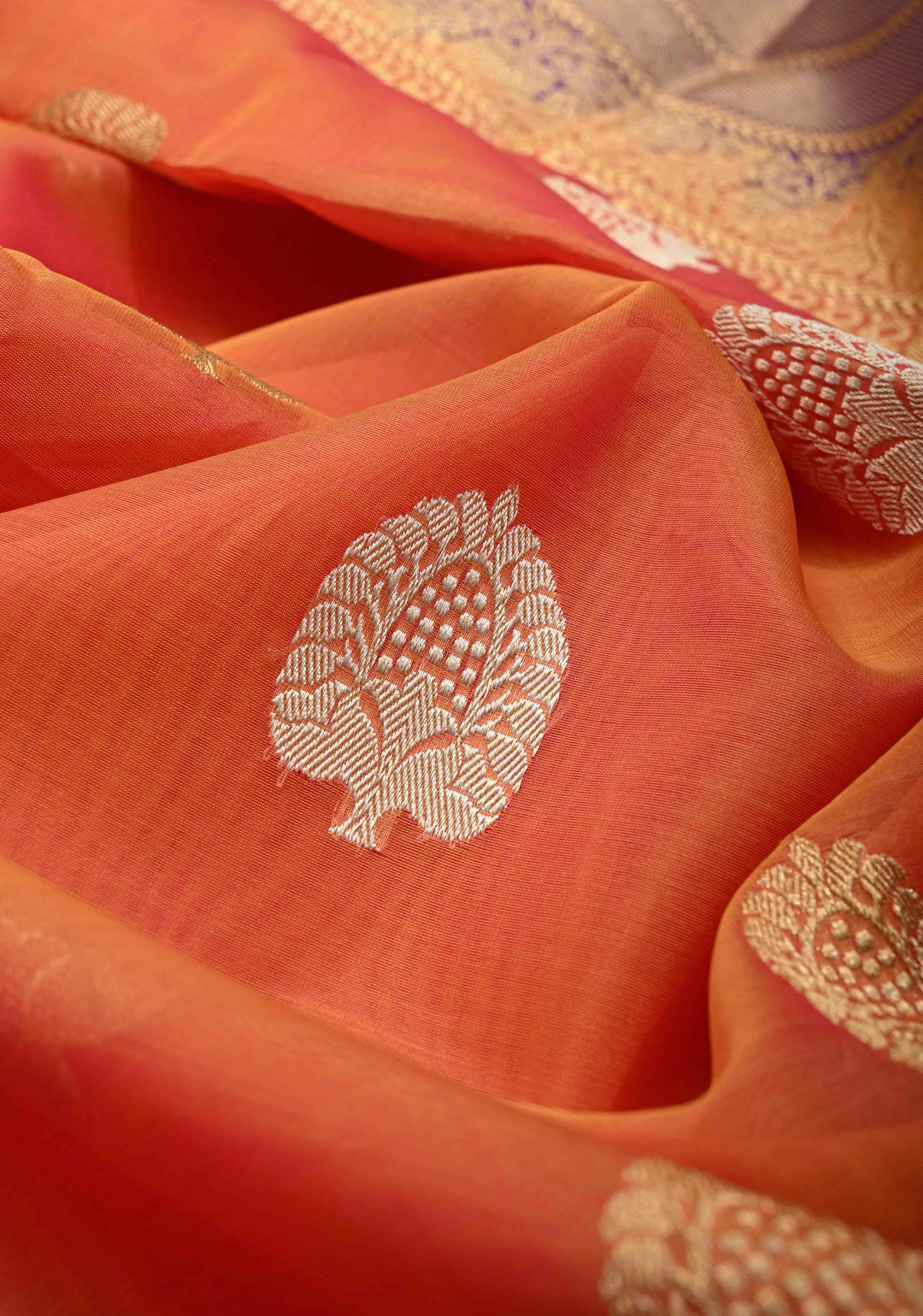 Kesari Orange Dual tone Banarasi Kora Silk Saree with Sona Rupa Buttas and Contrast Zari Border | SILK MARK CERTIFIED