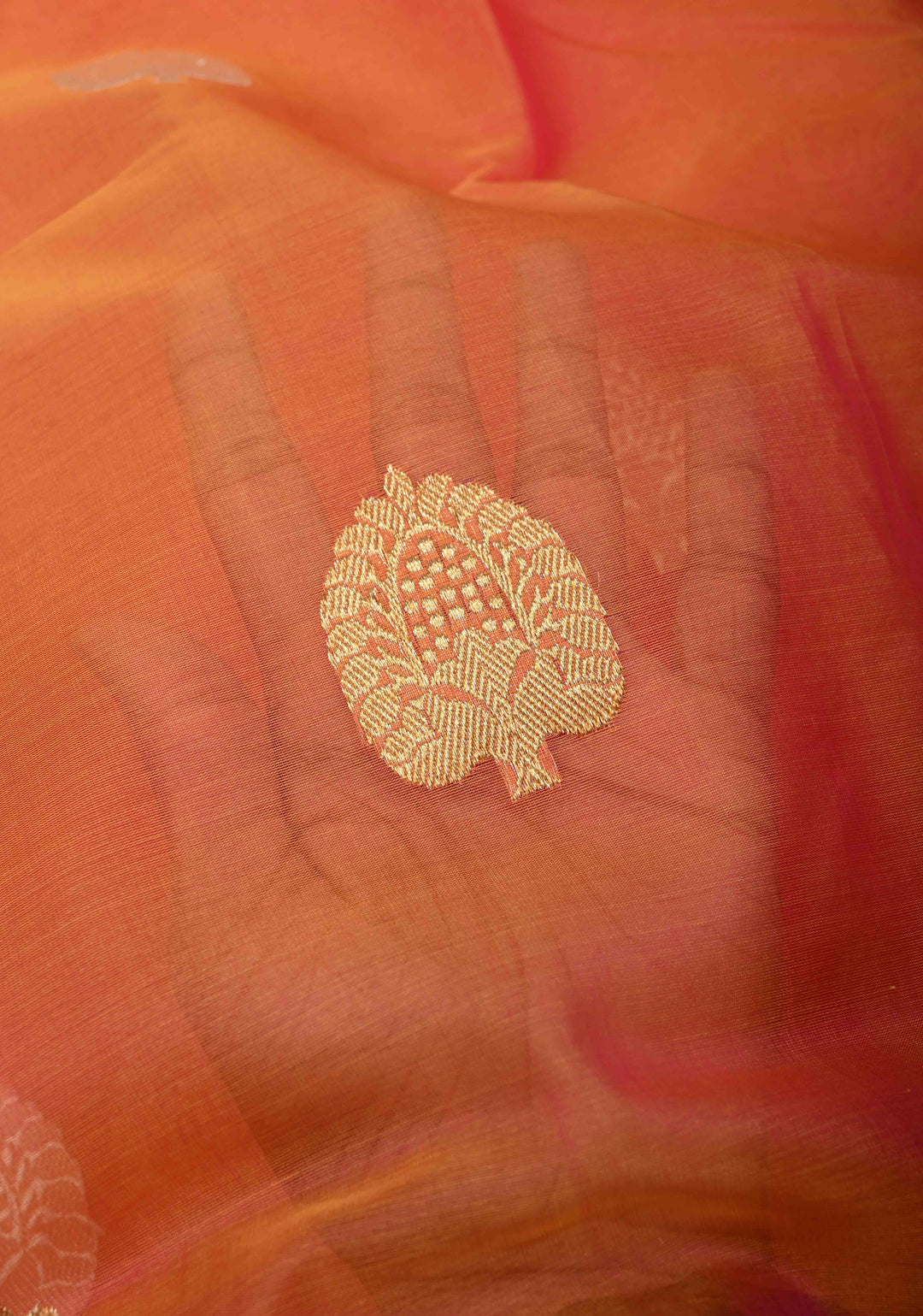 Kesari Orange Dual tone Banarasi Kora Silk Saree with Sona Rupa Buttas and Contrast Zari Border | SILK MARK CERTIFIED