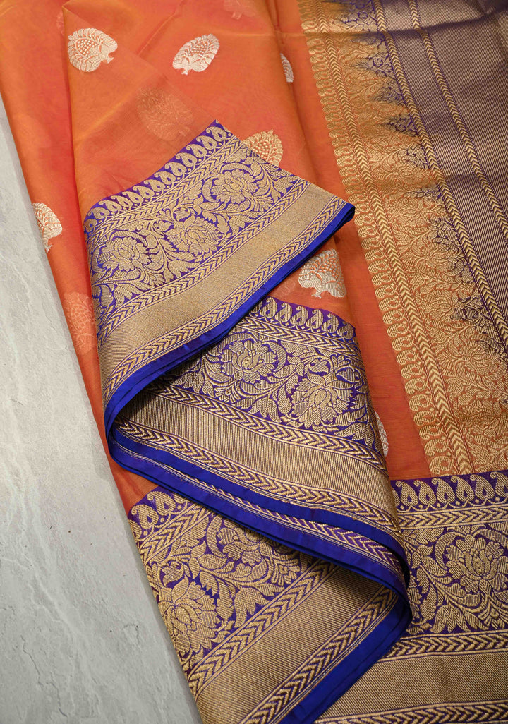 Kesari Orange Dual tone Banarasi Kora Silk Saree with Sona Rupa Buttas and Contrast Zari Border | SILK MARK CERTIFIED