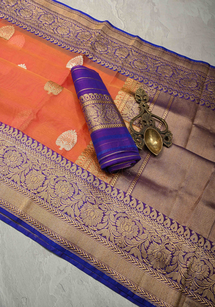 Kesari Orange Dual tone Banarasi Kora Silk Saree with Sona Rupa Buttas and Contrast Zari Border | SILK MARK CERTIFIED