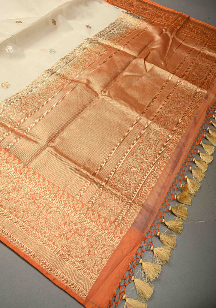 Cream Banarasi Kora Silk Saree with Sona Rupa Buttas and Contrast Zari Border | SILK MARK CERTIFIED | SHOBITAM