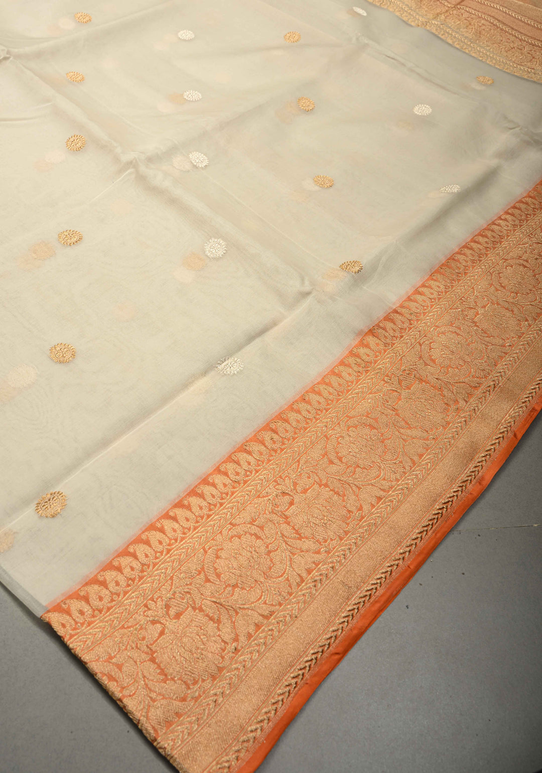 Cream Banarasi Kora Silk Saree with Sona Rupa Buttas and Contrast Zari Border | SILK MARK CERTIFIED | SHOBITAM