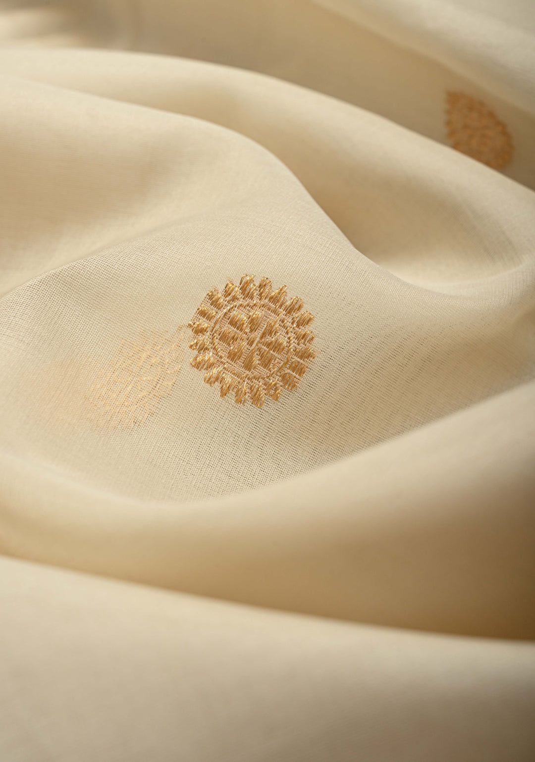 Cream Banarasi Kora Silk Saree with Sona Rupa Buttas and Contrast Zari Border | SILK MARK CERTIFIED | SHOBITAM