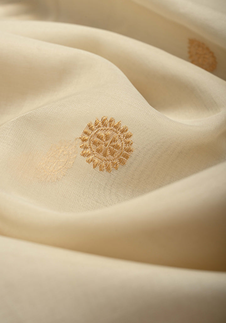 Cream Banarasi Kora Silk Saree with Sona Rupa Buttas and Contrast Zari Border | SILK MARK CERTIFIED | SHOBITAM