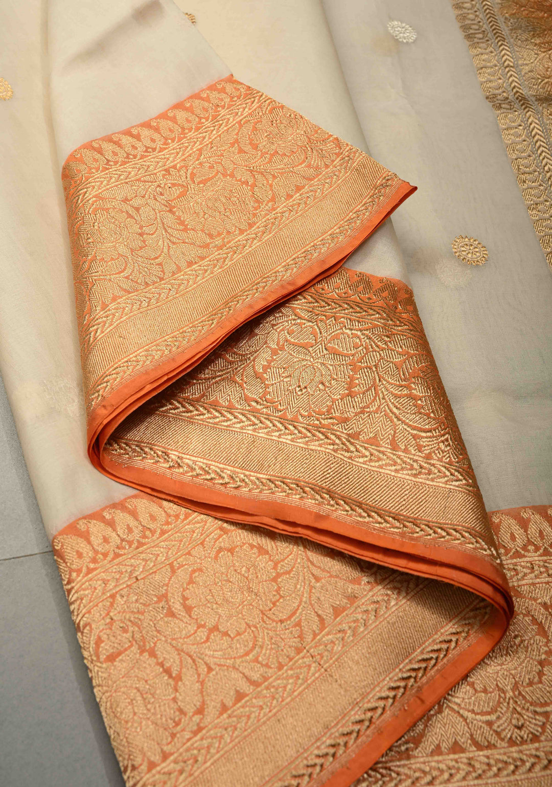 Cream Banarasi Kora Silk Saree with Sona Rupa Buttas and Contrast Zari Border | SILK MARK CERTIFIED | SHOBITAM