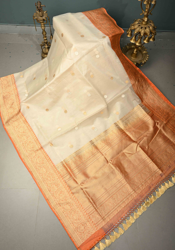 Cream Banarasi Kora Silk Saree with Sona Rupa Buttas and Contrast Zari Border | SILK MARK CERTIFIED | SHOBITAM