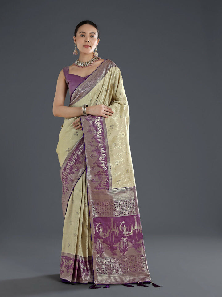 Cream Banarasi Semi Silk Saree With Zari Woven Design | SHOBITAM