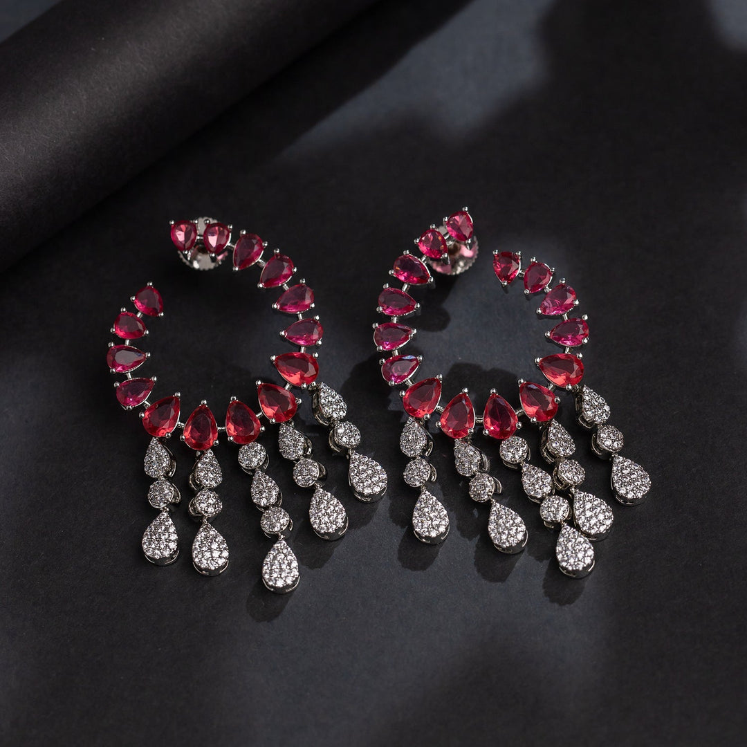 Sparkling Elegance Scarlet Cascade American Diamond Dangler Earrings | SHOBITAM