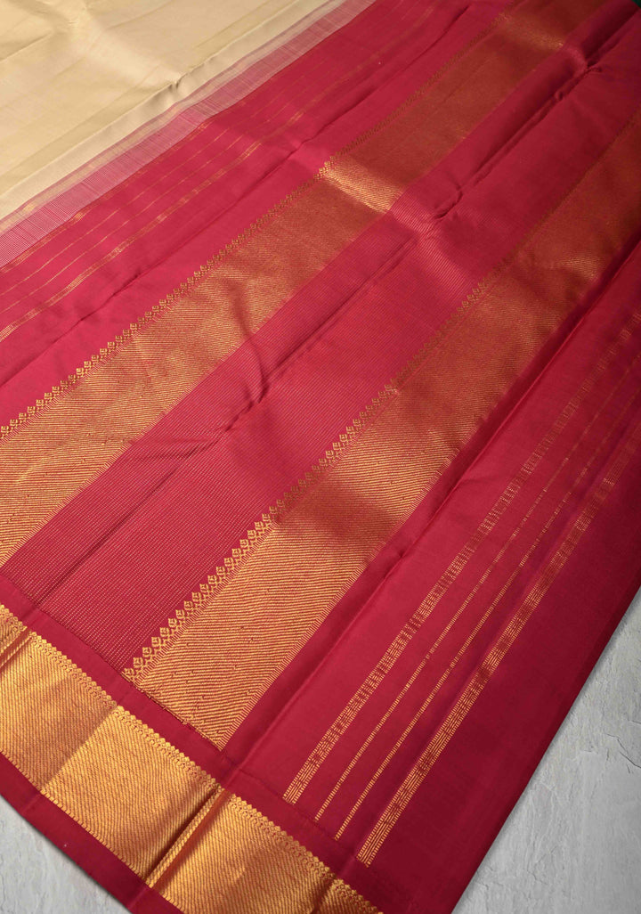 Korvai Weave Kanjivaram Pure Silk Saree in Off White with Ganga Jamuna Short Width Borders | SILK MARK CERTIFIED