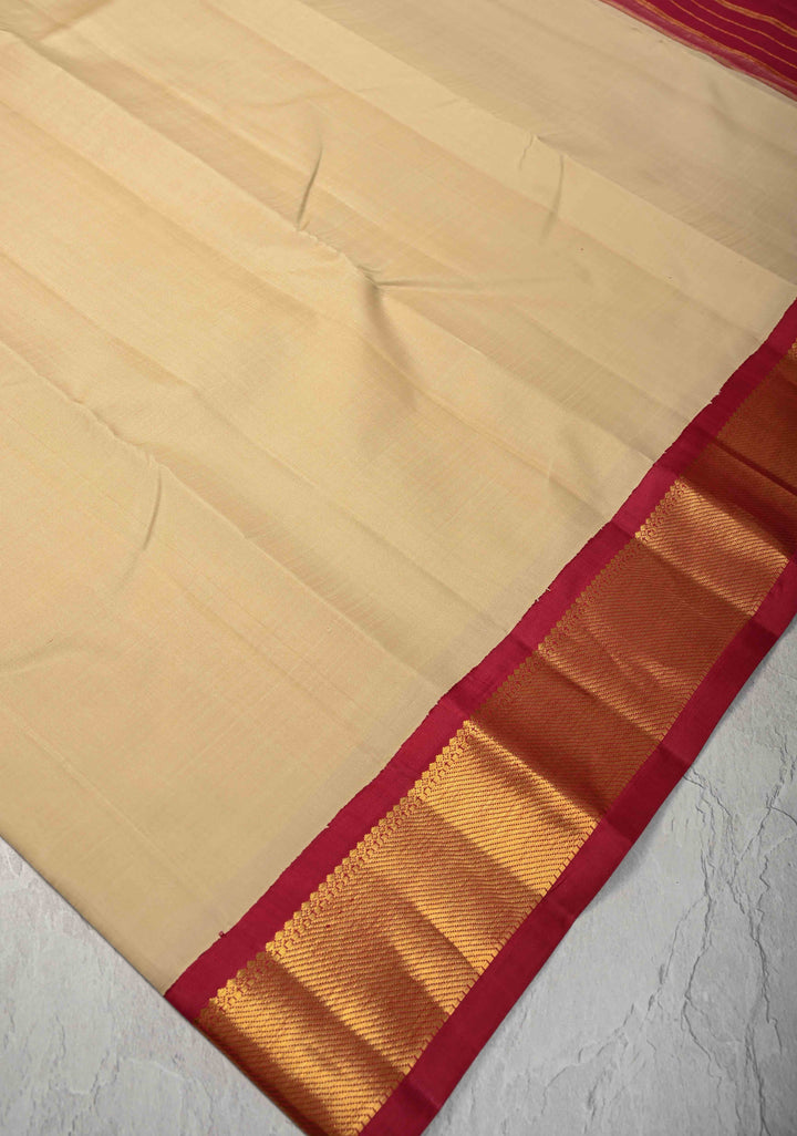 Korvai Weave Kanjivaram Pure Silk Saree in Off White with Ganga Jamuna Short Width Borders | SILK MARK CERTIFIED