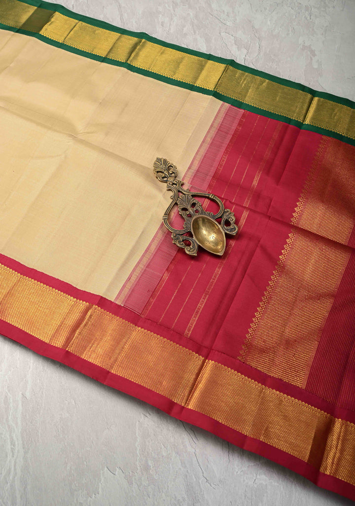 Korvai Weave Kanjivaram Pure Silk Saree in Off White with Ganga Jamuna Short Width Borders | SILK MARK CERTIFIED
