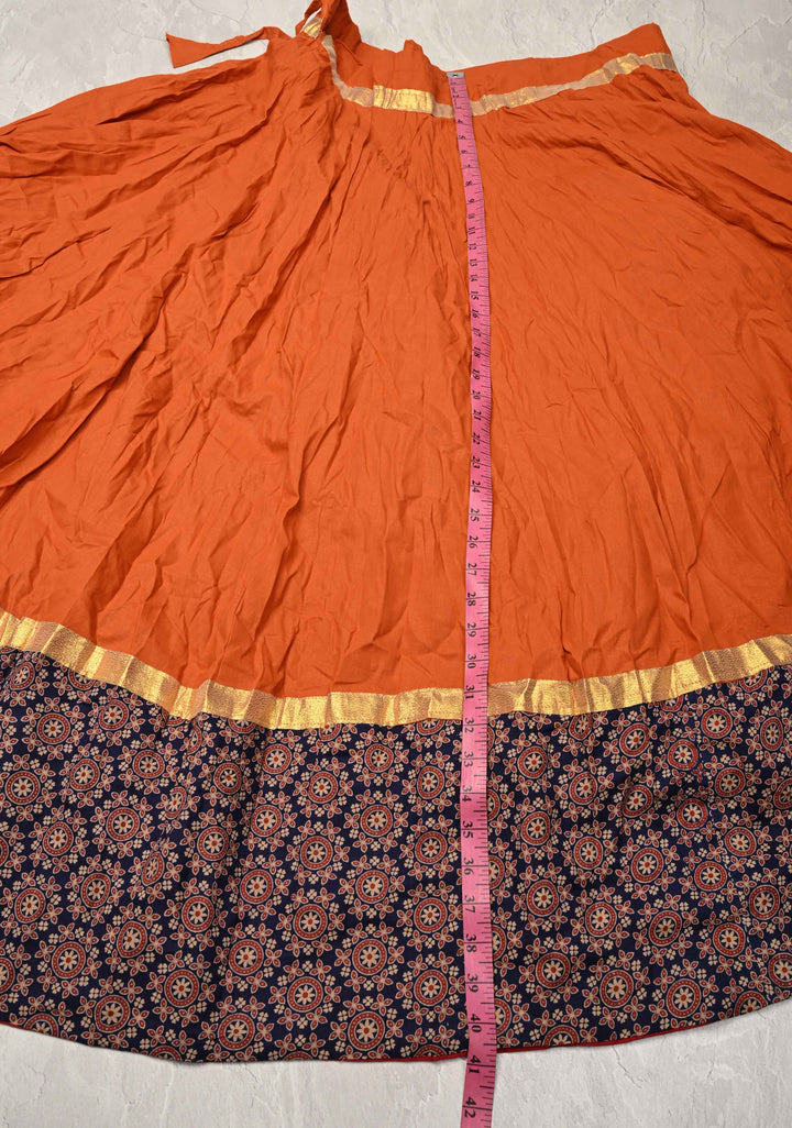 6.75 Mega Flare Kalidaar Orange Cotton Skirt with Ajrakh Hand Block Print on Border, Ready to ship
