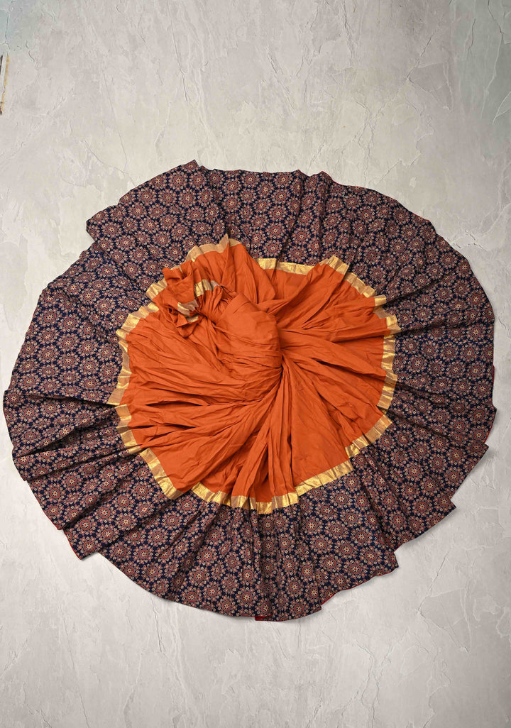 6.75 Mega Flare Kalidaar Orange Cotton Skirt with Ajrakh Hand Block Print on Border, Ready to ship
