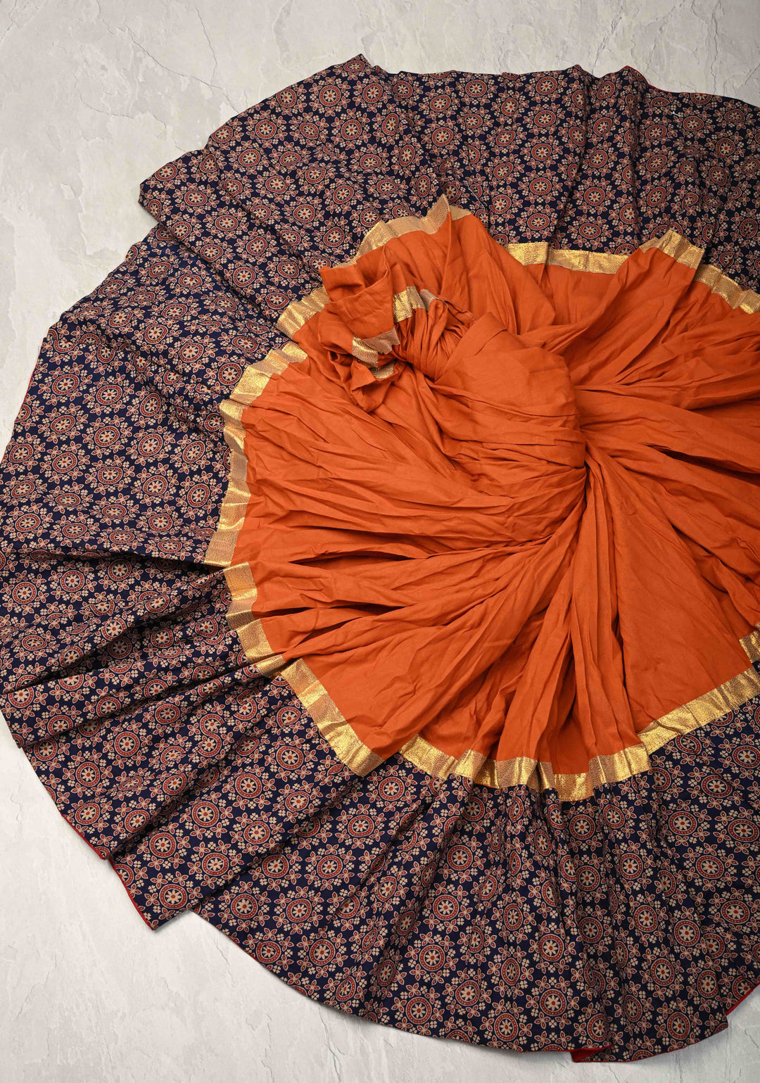 6.75 Mega Flare Kalidaar Orange Cotton Skirt with Ajrakh Hand Block Print on Border, Ready to ship