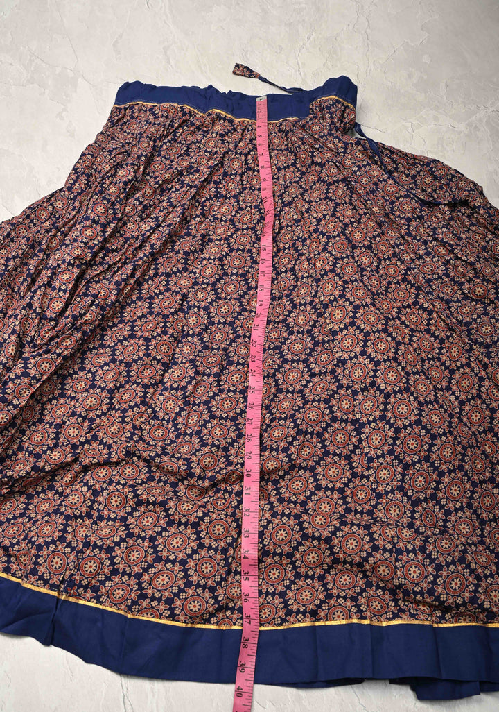10.4 Mega Flare Kalidaar Navy Blue Cotton Skirt with Ajrakh Hand Block Print and Contrast Border, ready to ship