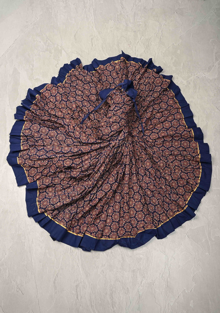 10.4 Mega Flare Kalidaar Navy Blue Cotton Skirt with Ajrakh Hand Block Print and Contrast Border, ready to ship