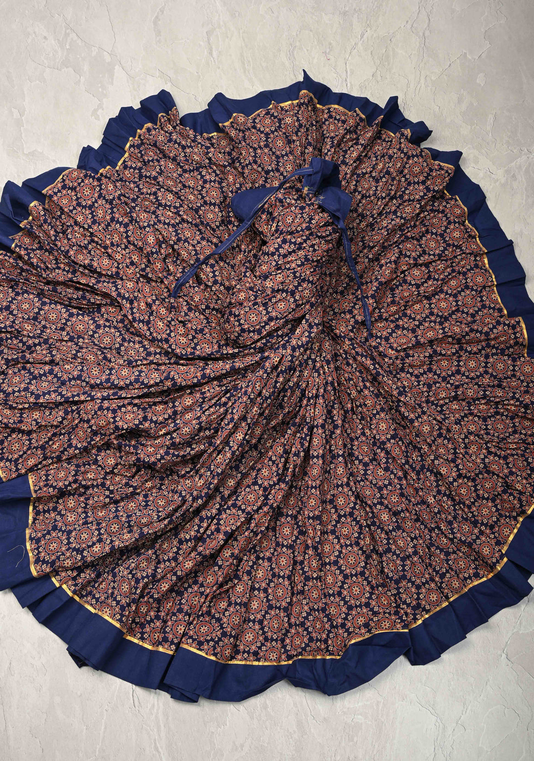 10.4 Mega Flare Kalidaar Navy Blue Cotton Skirt with Ajrakh Hand Block Print and Contrast Border, ready to ship